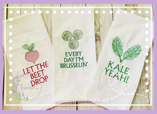 Embroidered Vegetable Flour Sack Tea Towel, Housewarming Gift Custom Embroidery, Brussel Sprout, Beet & Kale Veggie Tea Towel, College Gift