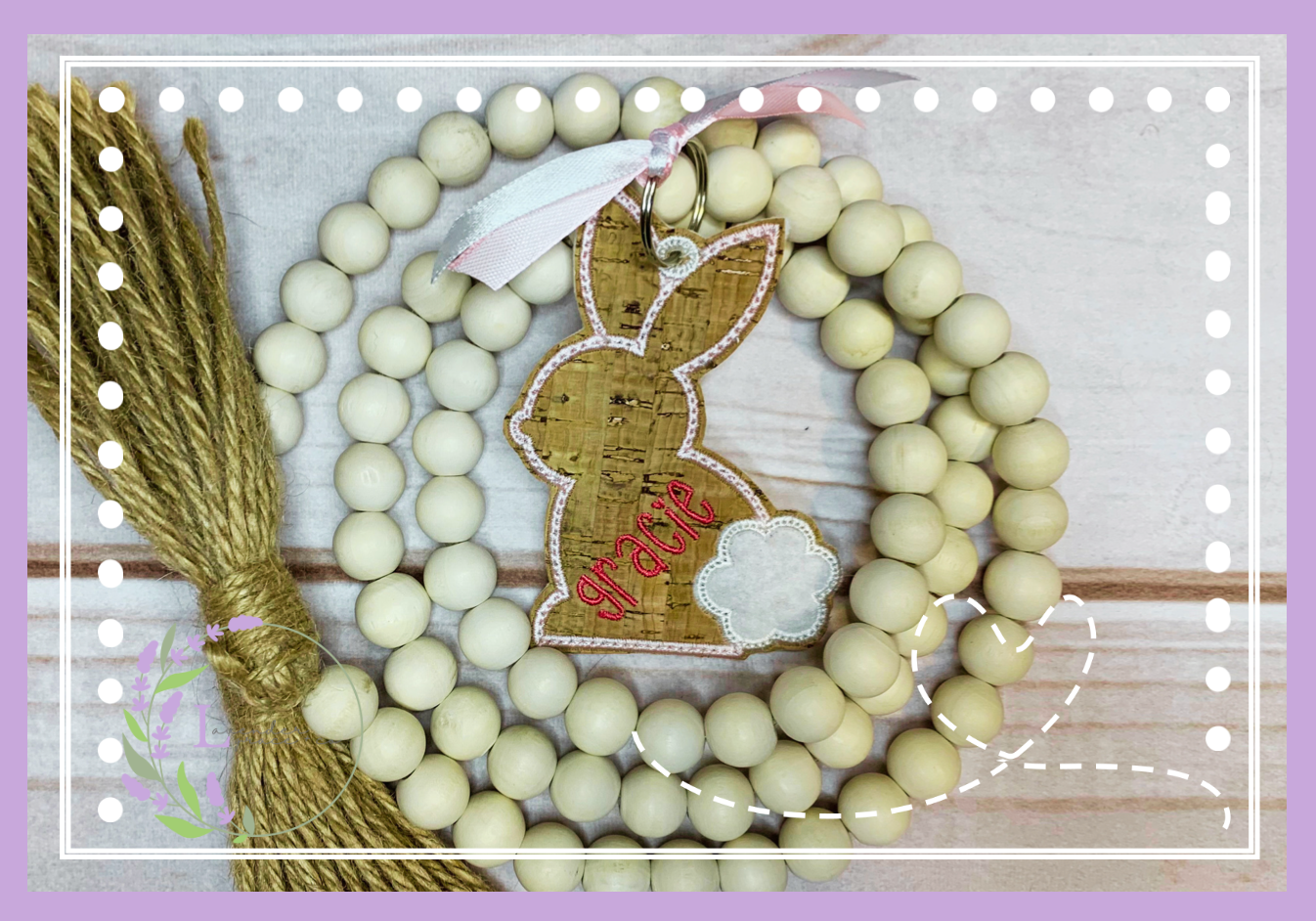 Embroidered 4" Easter Bunny with White Felt Tail Basket Tags on Faux Cork Name Personalized Bunny Gift Add Ons Satin Finish Stitch Bag Tag