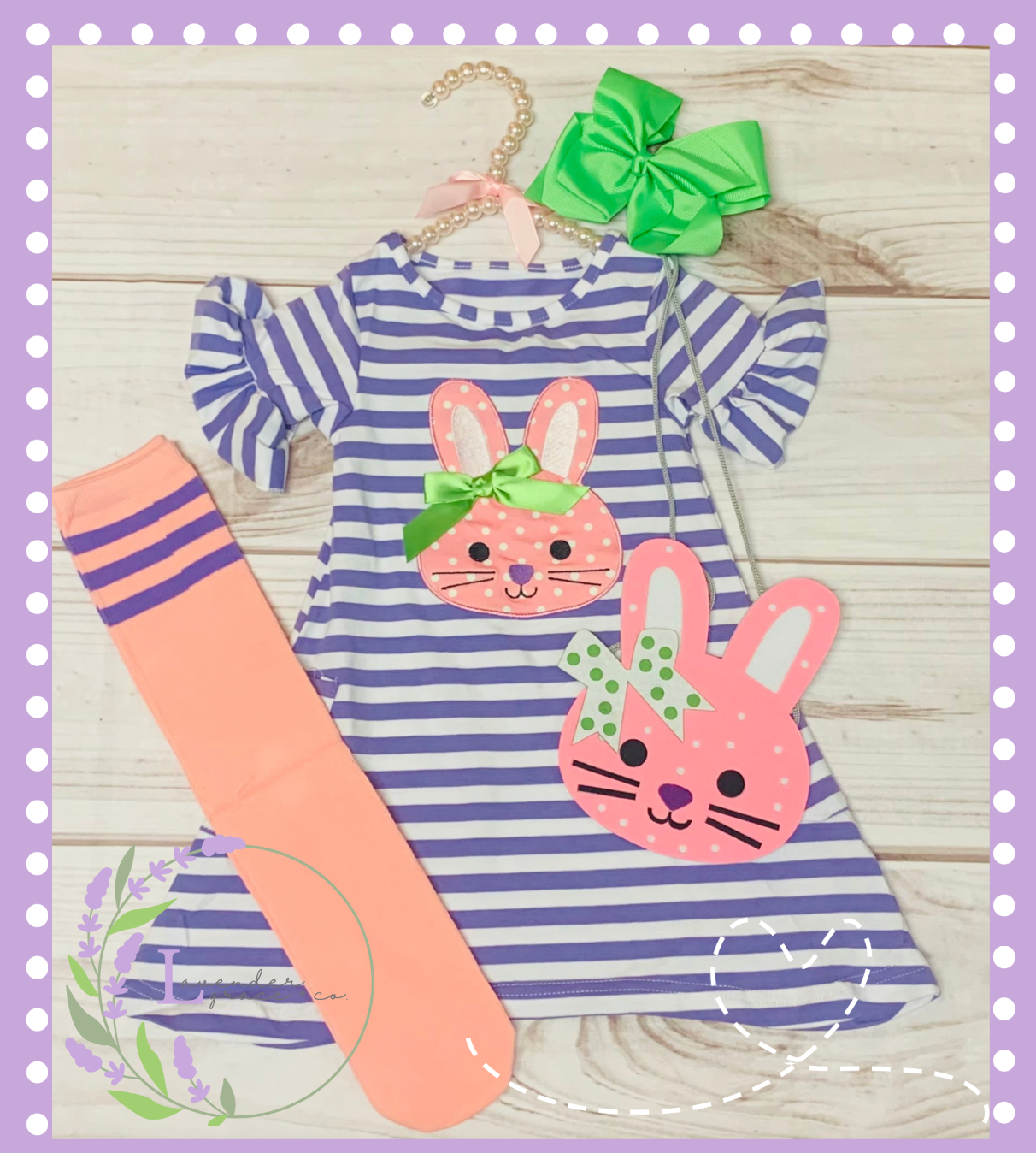 Bunny Dress with Purse and Socks Outfit, Girls Striped Easter Dress, Easter Rabbit, Egg Hunt, Sunday