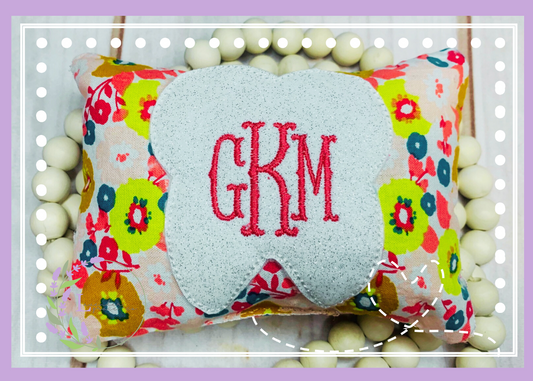 Embroidered Monogram Tooth Fairy Pillow w/ White Glitter Tooth, 1st Tooth Gift, Boy or Girl Tooth Holder, Pocket Tooth, Mini Pillow, Kids