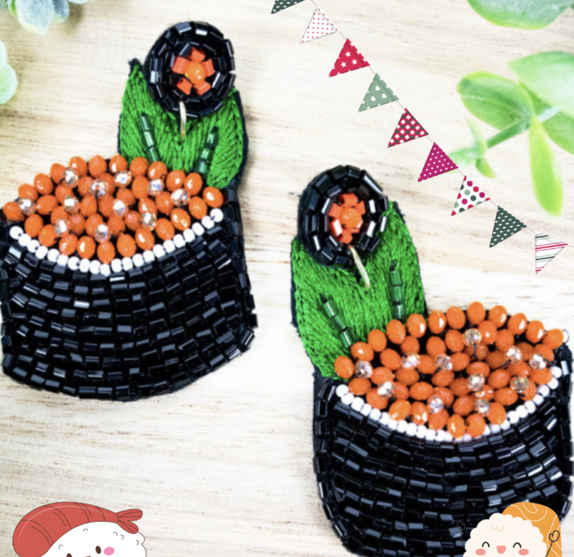 Spicy Tuna Sushi Roll Beaded Earrings, Sashimi Fish Eggs, Seaweed, Japanese Style Food, Chopsticks, Asian Cuisine