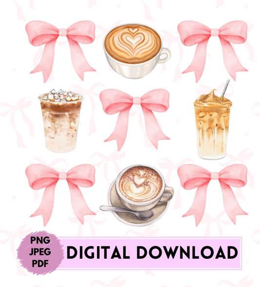 Coquette Bows and Iced Coffee Compilation Digital Download Pdf Png Jpeg, Coffee Girl w/ Pink Bows, Chic Design Girly Girl Coffee Break Drink