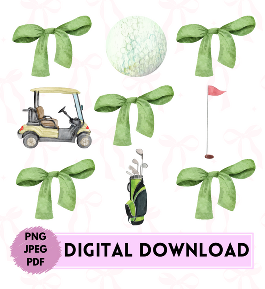 Coquette Bows &amp; Golf Theme Digital Download Pdf Png Jpeg, Golf Game and Green Bows, Little Sister of a Golfer, Girls Gold Too, Golfing Tee