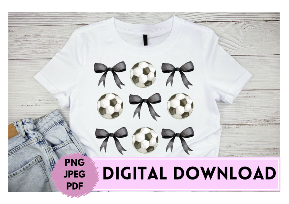 Coquette Bows &amp; Soccer Digital Download Pdf Png Jpeg, Soccer Sport with Black Bows Coquette Design, Soccer Girl Wall Art, Soccer Little Sis