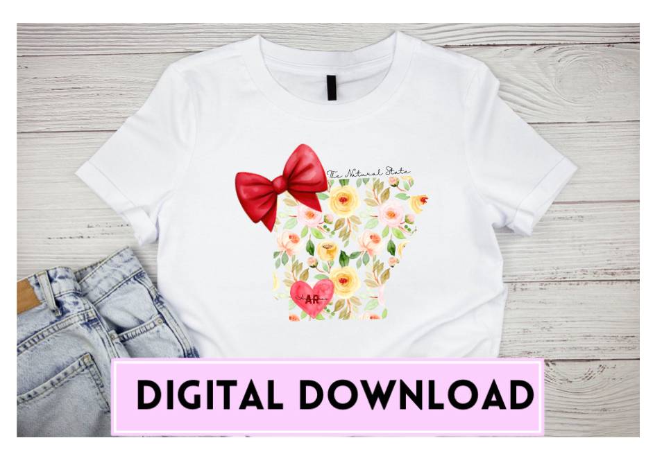 Coquette Bow Arkansas Floral State Outline w/ State Slogan 3 Versions PNG Digital Download, Red Coquette Bow, The Natural State, Flowers<br>