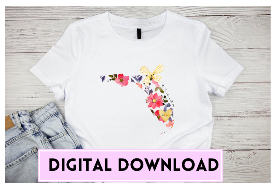 Coquette Bow Florida Floral Outline PNg 3 Versions Digital Download, State Slogan Sunshine State, Vibrant Summer Print, Florida Wall Art