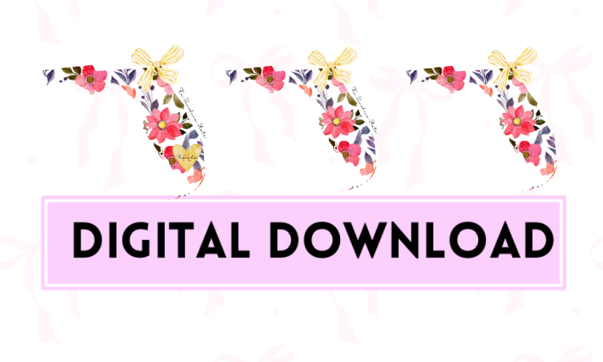 Coquette Bow Florida Floral Outline PNg 3 Versions Digital Download, State Slogan Sunshine State, Vibrant Summer Print, Florida Wall Art