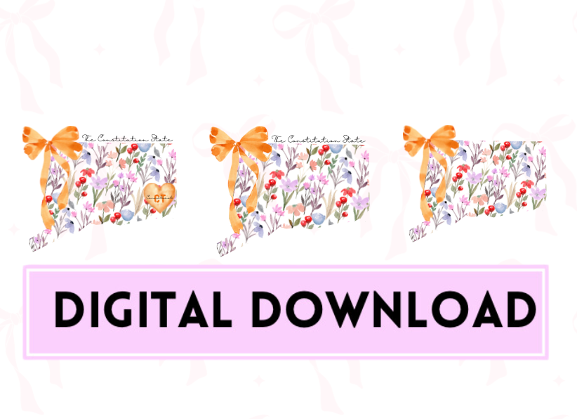 Coquette Bow Connecticut Floral State Outline PNG Digital Download w/ State Slogan, The Centennial State, Flower Design, Coquette Chic Mama