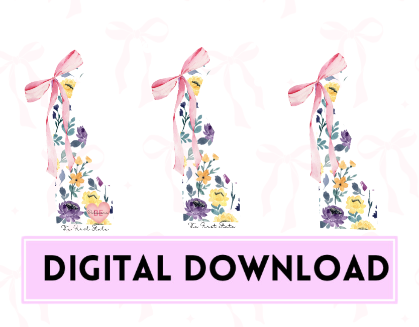 Coquette Bow Delaware Floral Outline State 3 Versions PNG Digital Download w/ State Slogan, Flower Design, Pastel Pink Bow w/ Delaware State