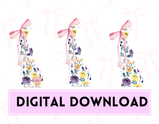 Coquette Bow Delaware Floral Outline State 3 Versions PNG Digital Download w/ State Slogan, Flower Design, Pastel Pink Bow w/ Delaware State