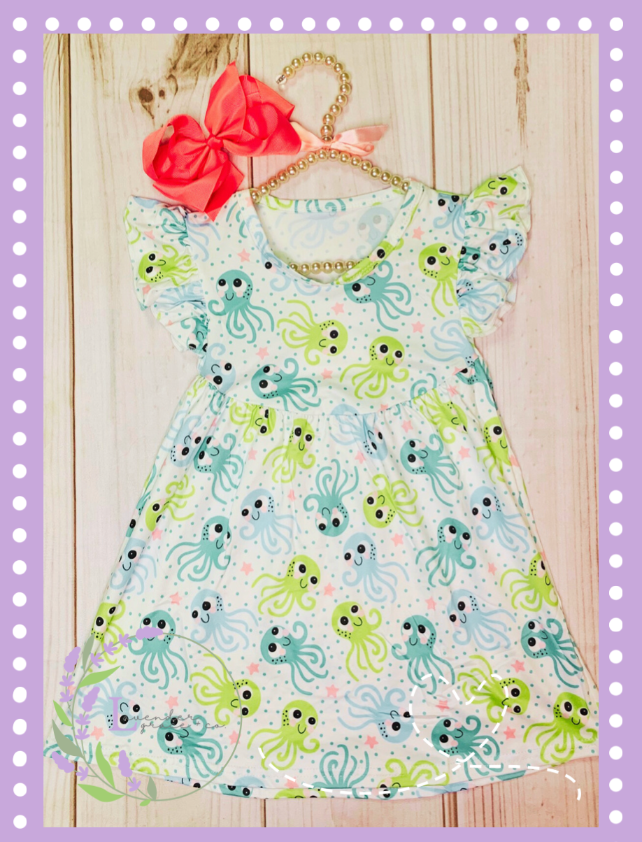 Milk Silk Squiggly Blue & Green Octopus Flutter Sleeve Dress, Girls Toddler, Polka Dot w/ Stars Aquarium Dress, Beach Vacation