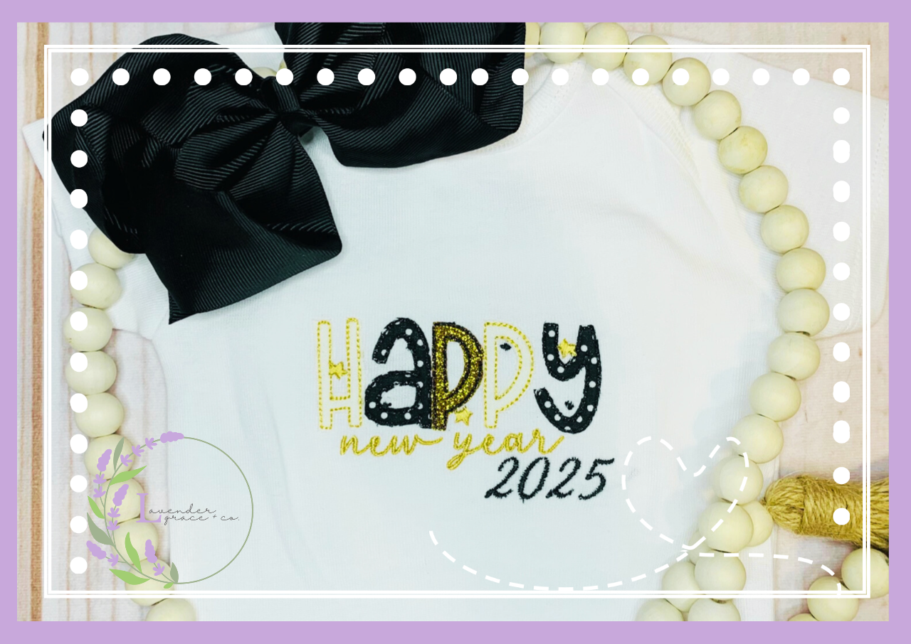 Embroidered Happy New Year 2025 Applique Kids Shirts or Baby Bubble Girl Boys, New Year Celebration, Midnight Cutie, 2025 Resolution Party