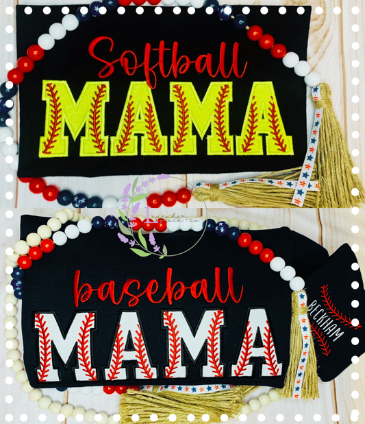 Embroidered Baseball OR Softball MAMA with Ball Stitches Glitter Vinyl Sweater with Name on Sleeve, Custom Ballfield Mama Sweater, Fan Wear