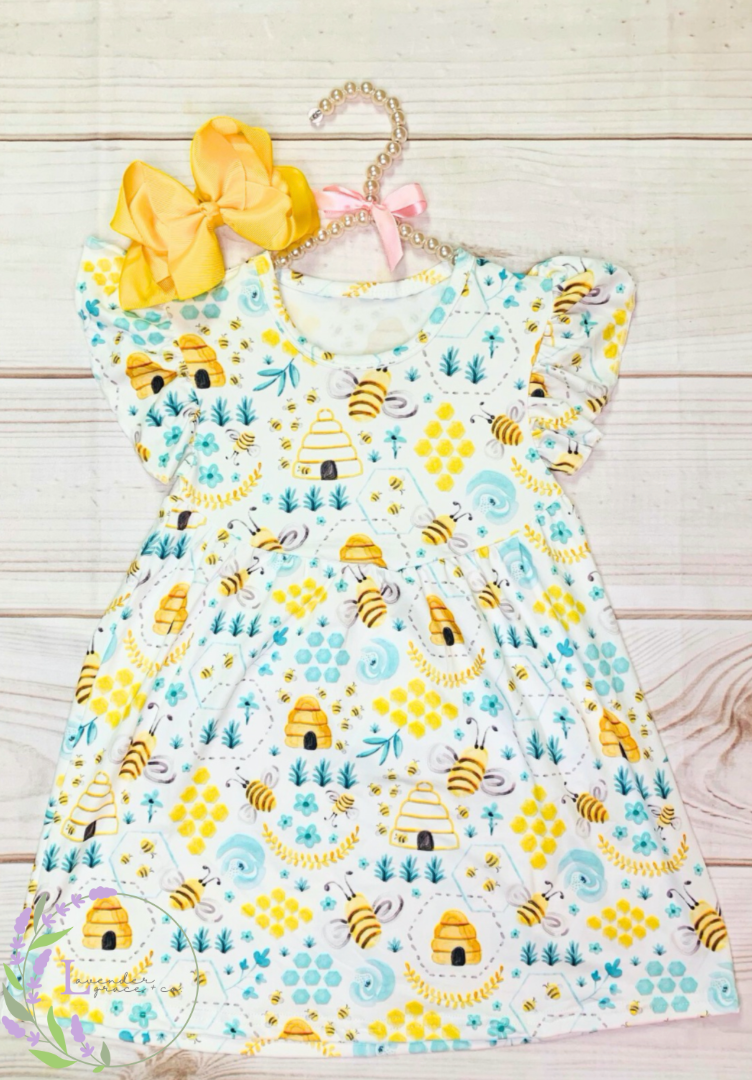 Milk Silk Sweet Spring Honey Bee &amp; Beehive Flutter Sleeve Dress, Girls Toddler Yellow Bees Honeycomb, Summer Time Green Florals Pollinators