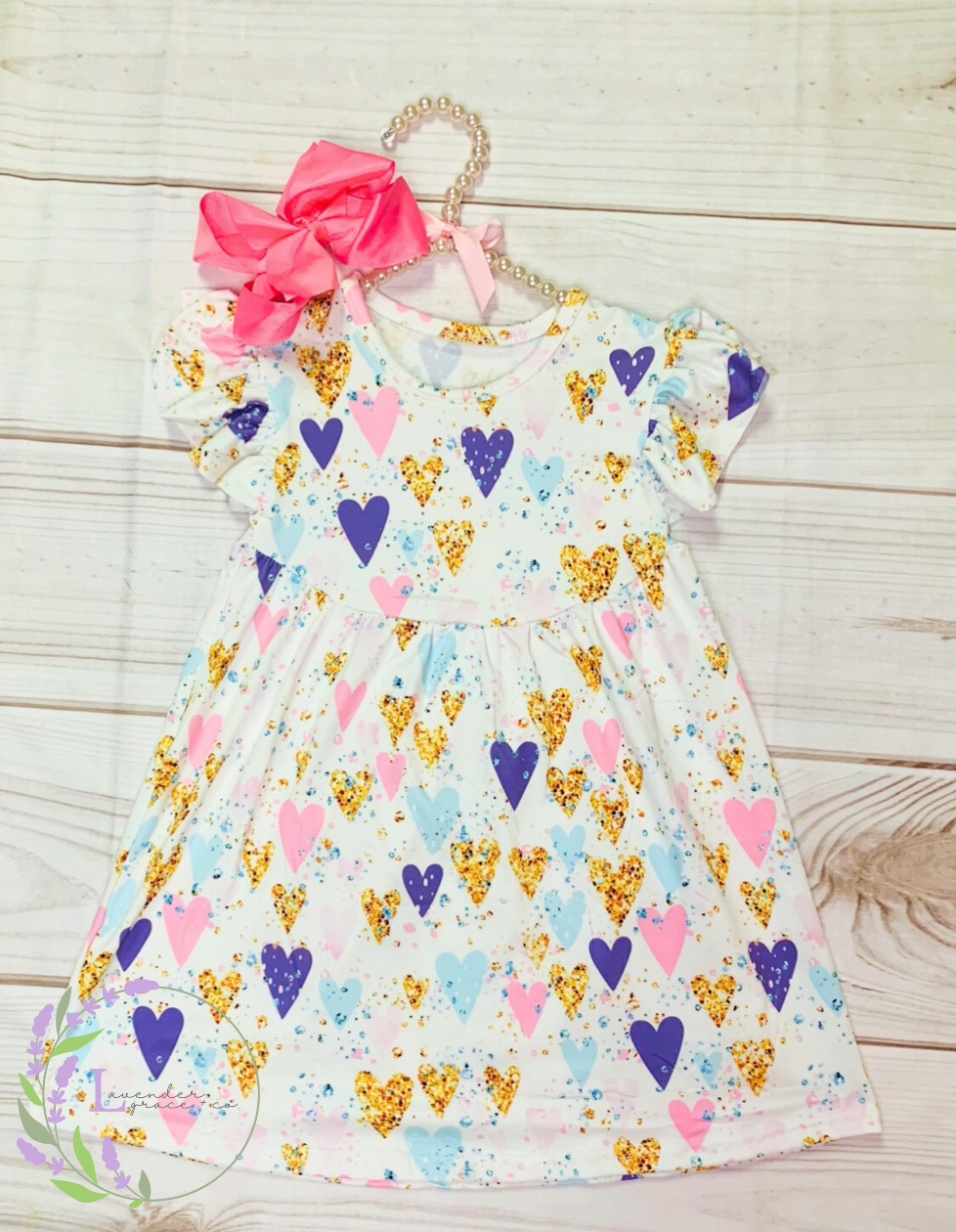 Milk Silk Gold Glitter, Purple & Pink Heart Flutter Sleeve Dress, Girls Toddler Mini Heart Valentine Dress, Girls Sweetheart Confetti Dress