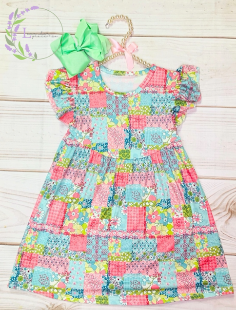 Milk Silk Patch Quilt Print Flutter Sleeve Dress, Girls Toddler Summer Floral Dress, Preschool Spring Dress, Summer Green Sprigs, Red Plaid