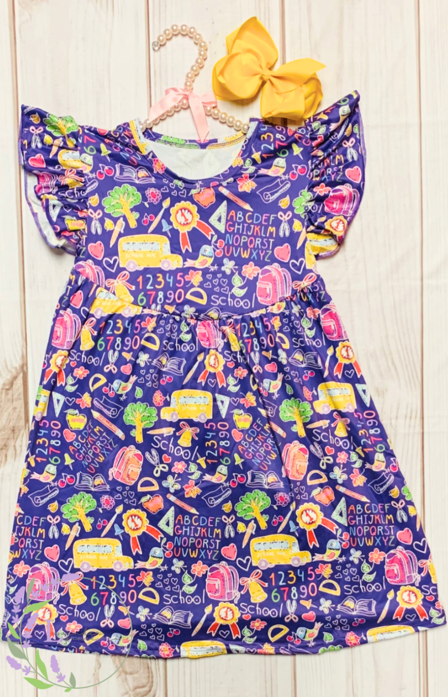 Milk Silk Purple Back to School Flutter Dress, Girls Toddler Bus, School Doodles, Alphabet, Apples, Graduation, Preschool, ABC, First Day