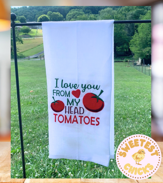 Embroidered Vegetable Tea Towel, House Warming Gift for the Avid Gardener, Funny Vegetable Puns, Love You Tomatoes, College 1st Apartment