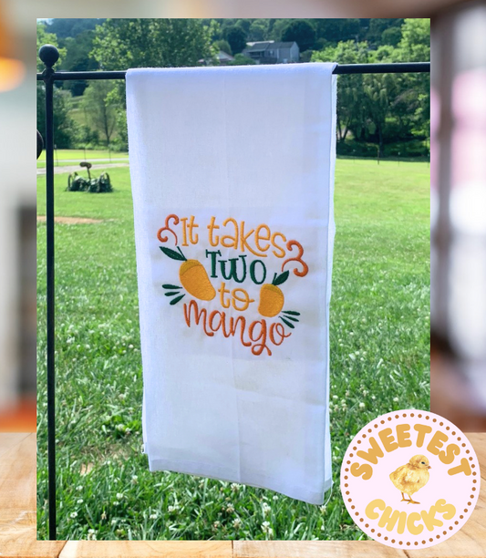 Embroidered It Takes Two to Mango Funny Kitchen Tea Towel, Fruit Puns for First Time Homebuyer Gift, Hostess Gift, College Graduate, Humor