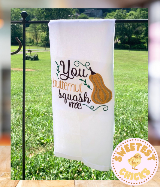 Embroidered Tea Towel Butternut Squash Me Funny Kitchen Puns Hostess Gift for Housewarming Party Presents, College Graduates First Apartment