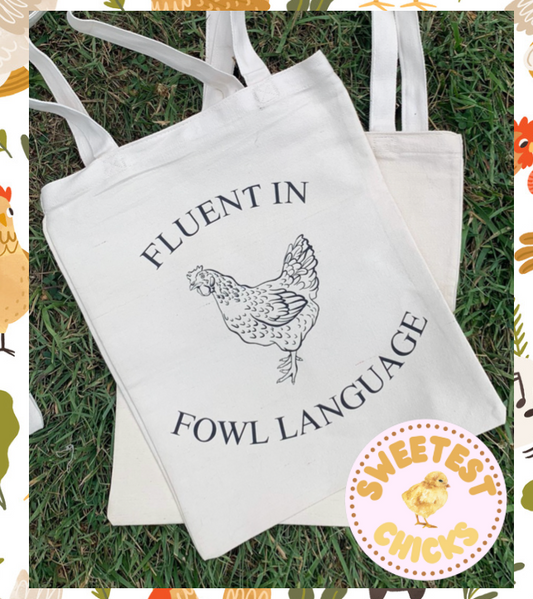 Farmer's Market Canvas Tote Bag, Fluent in Fowl Language Chicken Farmer Humor, Reusable Grocery Back, Chicken Keeper, Funny Chicken Shopping