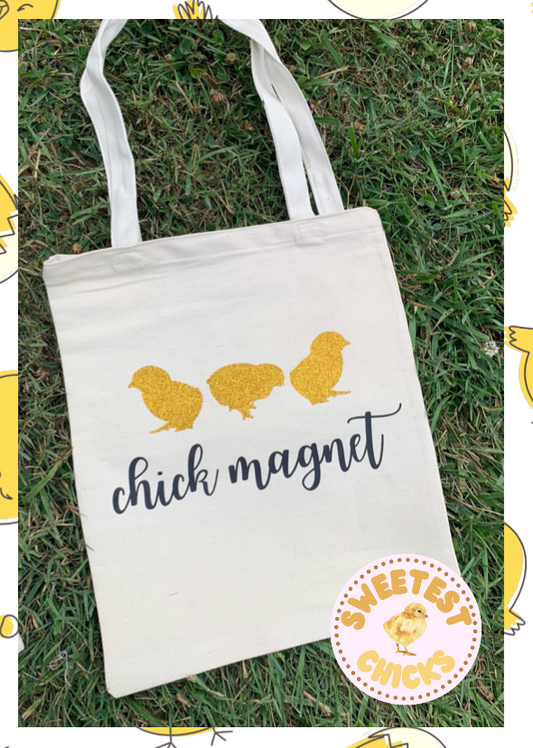 Reusable Chick Magnet Canvas Tote Bag, Chicken Farmer Humor, Farmer's Market Tote Bag, Grocery Shopping Bag, Cute Baby Chicks Grocery Bag