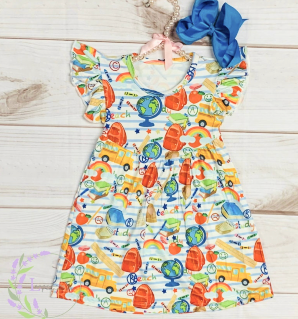 Milk Silk Rainbow School Flutter Dress, Girls Toddler Back to School, Graduation, Bus, Apples, Rainbow Dress, School Doodles, Crayon Dress