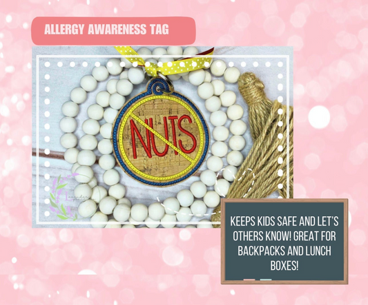 Embroidered No Nuts Bag Tag with Key Ring and Ribbon on Faux Cork, Backpack Bag Tag, Allergy Tag for School, Preschool, Aftercare, Lunchbox, Perfect for allergy Awareness, attaches to backpacks, lunch boxes, luggage, nut allergies awareness kids safe