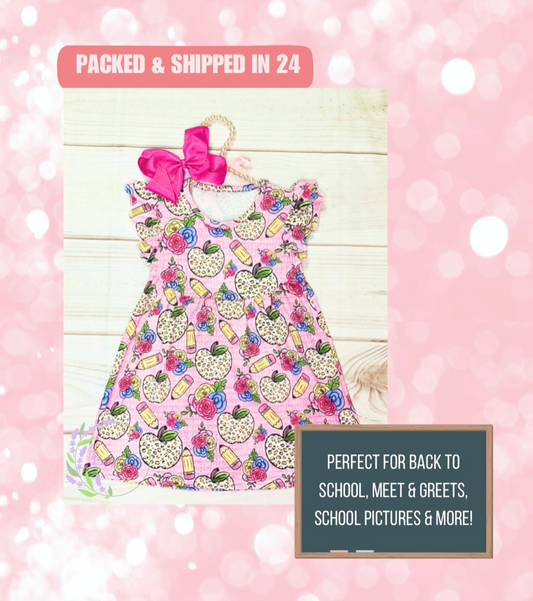 Milk Silk Pink Florals w/ Leopard Apples and Pencils Back to School Flutter Sleeve Dress, Girls Toddler School Doodle Flowers First Day Back Comfortable, silky smooth material, no wrinkles, machine wash, easy to wear, adorable prints for happy girls!