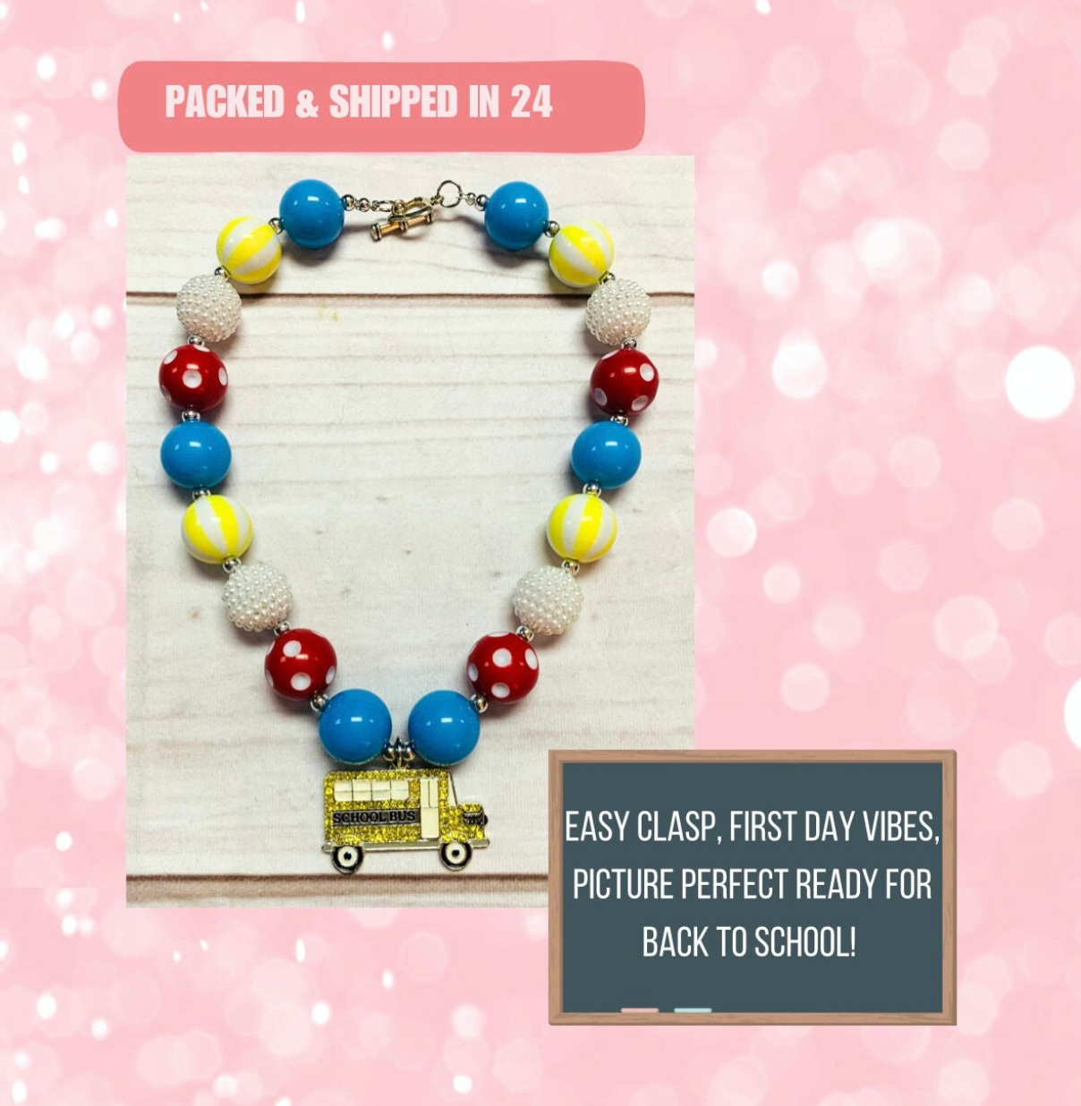 Back to School Glitter Bus Charm Chunky Bubble Gum Necklace, Girls Toddler, Preschool Elementary, Red, First Day of School Accessories Wear. Easy clasp for take on and off, vibrant colors that will make any picture stand out sparkle glitter bus charm