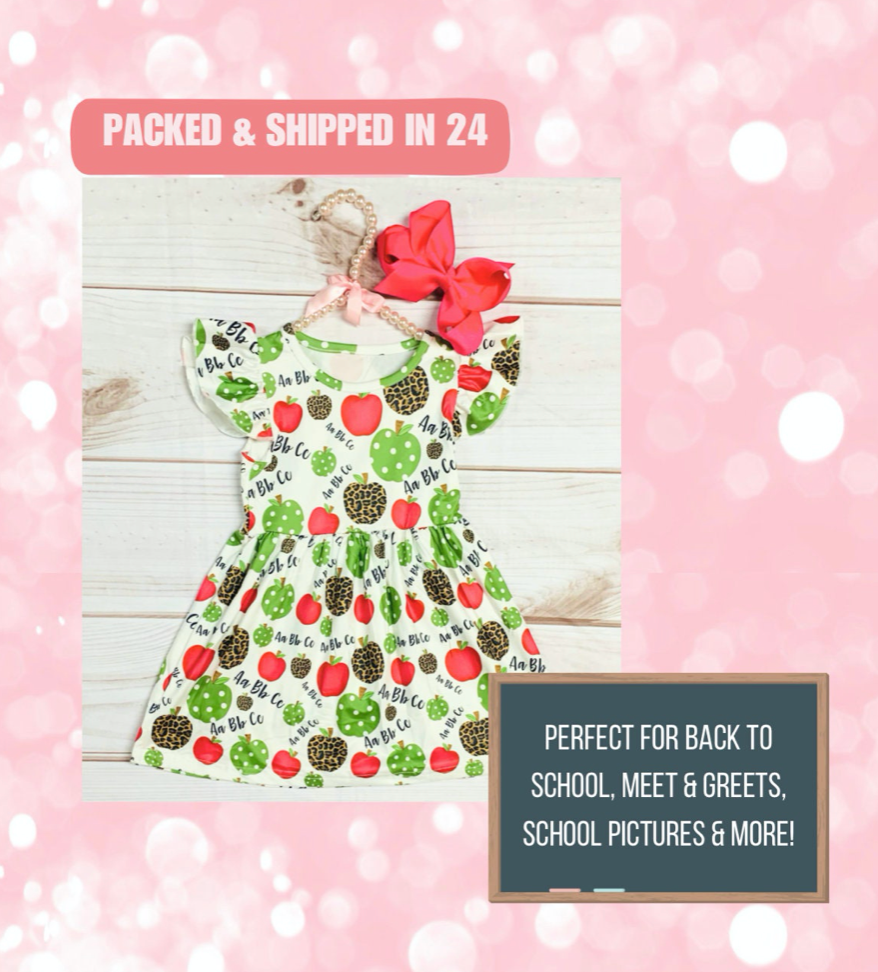 Milk Silk Green Red Leopard Apple Flutter Sleeve Dress, Girls Toddler Back to School Preschool, Elementary, School Pics First Day of School Comfortable, silky smooth material, no wrinkles, machine wash, easy to wear, adorable prints for happy girls!