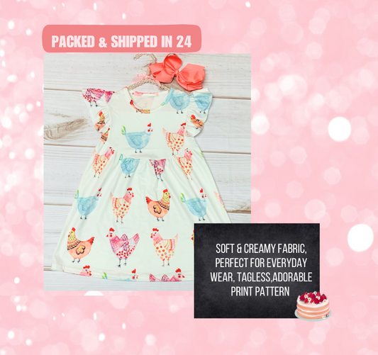 Milk Silk Pastel Chickens Flutter Sleeve Dress, Girls Toddler Farming Chickens, Chics, Country Girl, Farm Life, Chicken Farm, Rainbow Chick Soft & Comfortable, Easy to Wear, Tagless, A Line Fit, Machine Washable, Wrinkle Free, Perfect for any Event