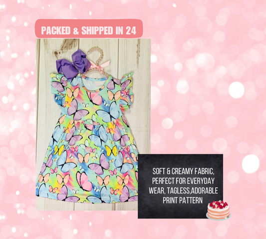 Milk Silk Pastel Rainbow Butterfly Flutter Sleeve Dress, Girls Toddler Monarch Watercolors, Summer Wear, Large Mini Butterflies, Spring Time Soft & Comfortable, Easy to Wear, Tagless, A Line Fit, Machine Washable, Wrinkle Free, Perfect for any Event