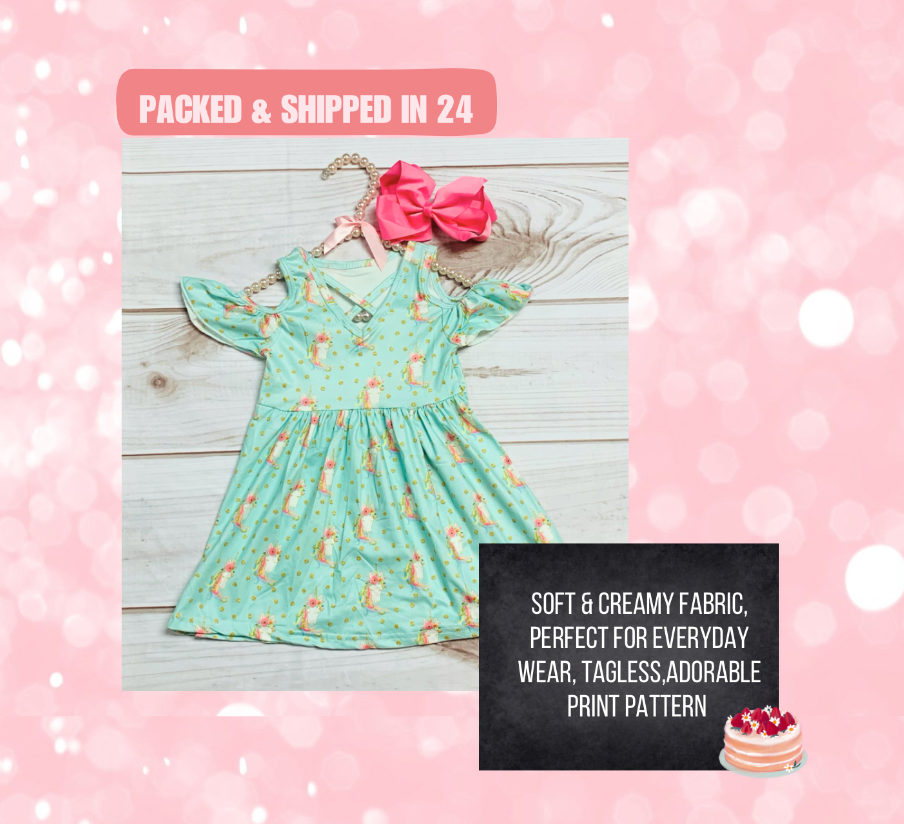 Milk Silk Open Shoulder Unicorn Flutter Sleeve, Girls Magical Stars Horse Flowers Teal Birthday Dress, Aqua Pink Unicorns, Whimsical Pony Soft & Comfortable, Easy to Wear, Tagless, A Line Fit, Machine Washable, Wrinkle Free, Perfect for any Event