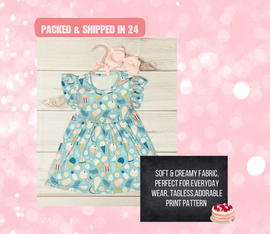 Milk Silk Teal Ice Cream & Treats Flutter Sleeve Dress, Girls Toddler Sumer Day, Ice Pops, Watermelon, Popsicles, Spring Flower Summer Sweet Soft & Comfortable, Easy to Wear, Tagless, A Line Fit, Machine Washable, Wrinkle Free, Perfect for any Event