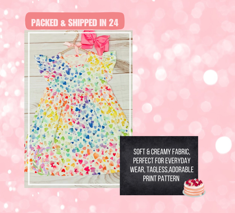 Milk Silk Rainbow Hearts Flutter Sleeve Dress, Girls Toddler Ombre Hearts, Valentine's Day, Bubble Hearts, Watercolor Love, Preschool Dress Soft & Comfortable, Easy to Wear, Tagless, A Line Fit, Machine Washable, Wrinkle Free, Perfect for any Event