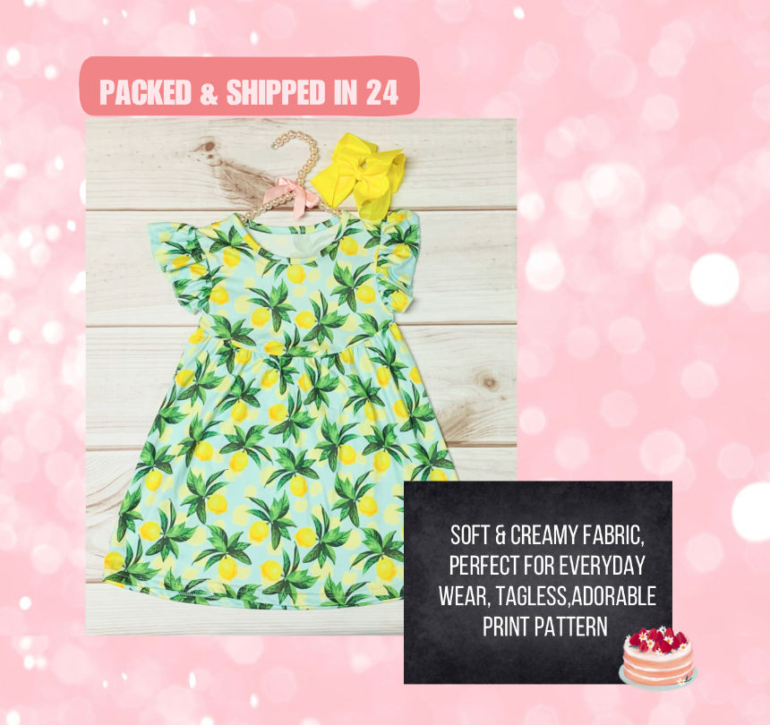 Milk Silk Sweet Lemon Flutter Sleeve Dress, Girls Toddlers Yellow Citrus, Summer Sweet, Birthday, Lemon Tree, Limes Orange, Lemonade Stand Soft & Comfortable, Easy to Wear, Tagless, A Line Fit, Machine Washable, Wrinkle Free, Perfect for any Event