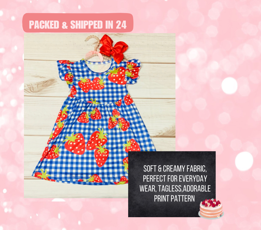 Milk Silk Blue Strawberry Flutter Sleeve Dress, Girl Toddler Plaid Berry Dress, Festival Juicy Sweet, Summer Time, Red Berries. Blue Gingham Soft & Comfortable, Easy to Wear, Tagless, A Line Fit, Machine Washable, Wrinkle Free, Perfect for any Event