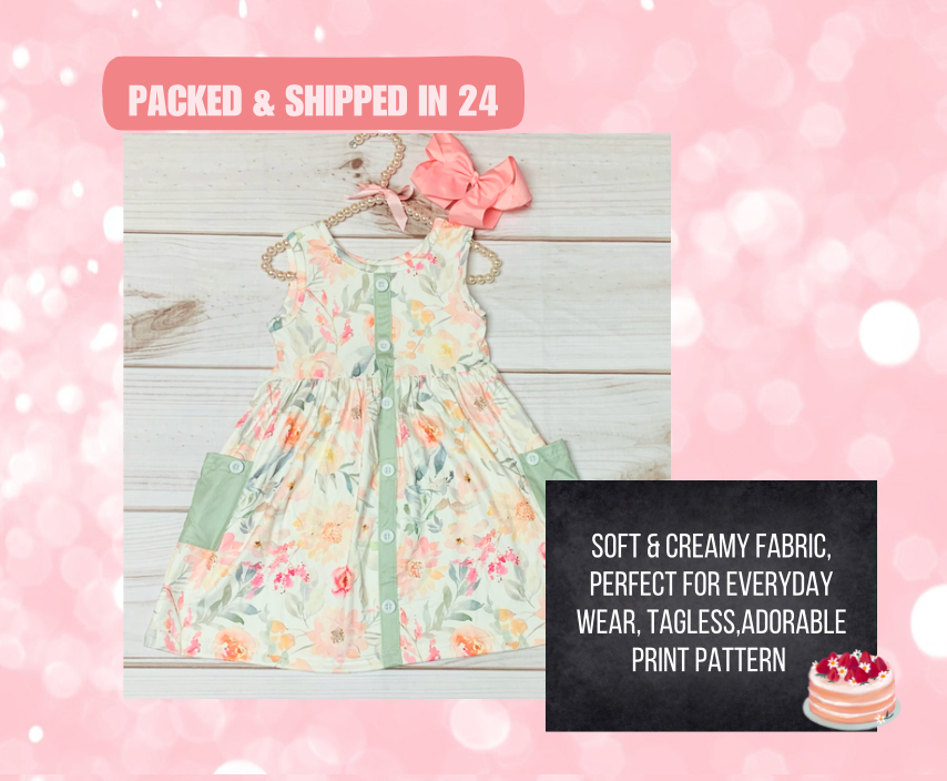 Milk Silk Sleeveless Peony & Dhalia Peach Floral Dress w/ Pockets, Girls Toddler Floral Dress, Summer, Flowers, Pinks and Peach, Pastels Soft & Comfortable, Easy to Wear, Tagless, A Line Fit, Machine Washable, Wrinkle Free, Perfect for any Event