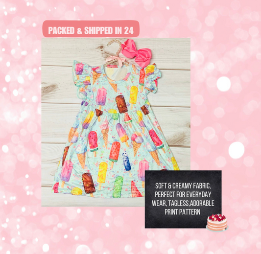 Milk Silk Summer Popsicles Flutter Sleeve Dress, Girls Toddler Ice Cream Cones, Summer Days, Cool Treats, Fruit Pops Rainbow Ice Pops Summah Soft & Comfortable, Easy to Wear, Tagless, A Line Fit, Machine Washable, Wrinkle Free, Perfect for any Event