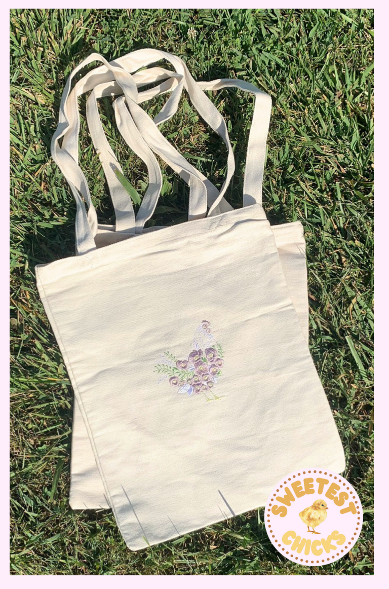 Embroidered Floral Chicken on a Reusable Canvas Tote Bag, Farmers Tote Bag, Farm Bag for Farmer's Market, Chicken Apparel Gift, Gift Guide