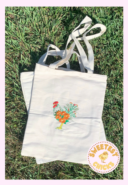 Embroidered Floral Rooster Reusable Farmer's Bag Tote, Canvas Tote, Country Farm Tote Bag, Chicken Gift Apparel, Gift Giving Guide, Chicks