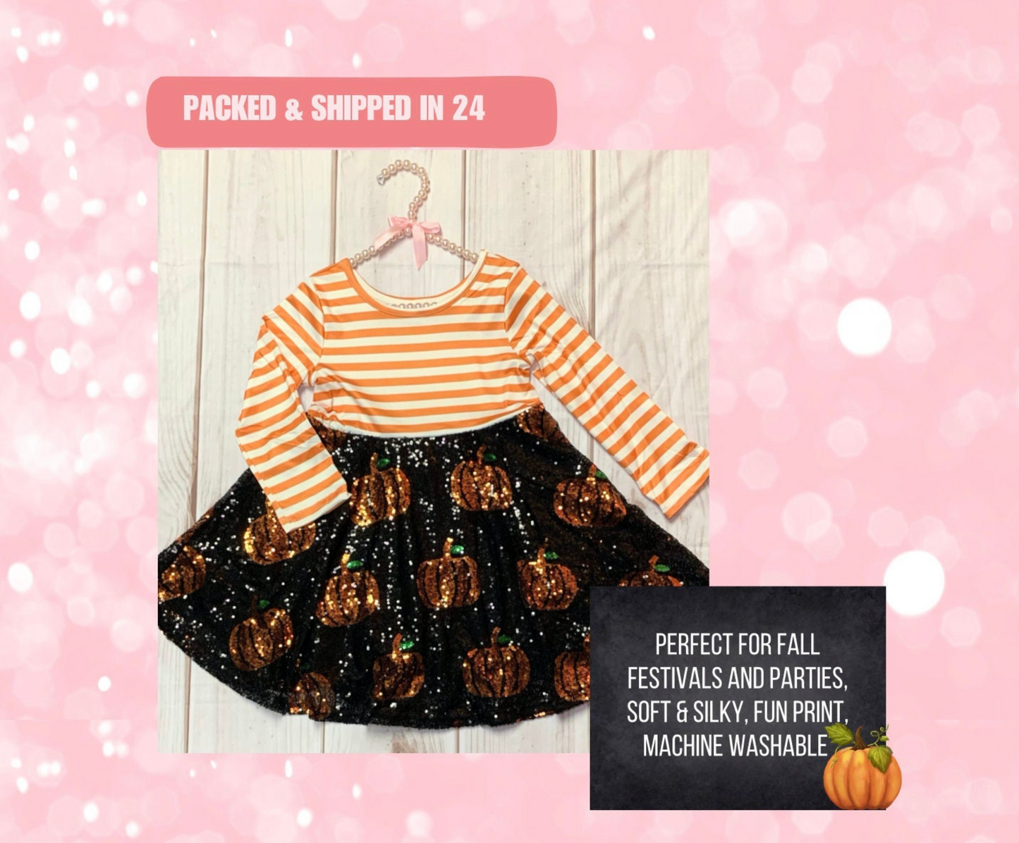 Milk Silk Orange & White Striped Sequin Pumpkin Dress Girls Toddler Shiny Pumpkins Halloween Trick or Treat Autumn Black Sequin