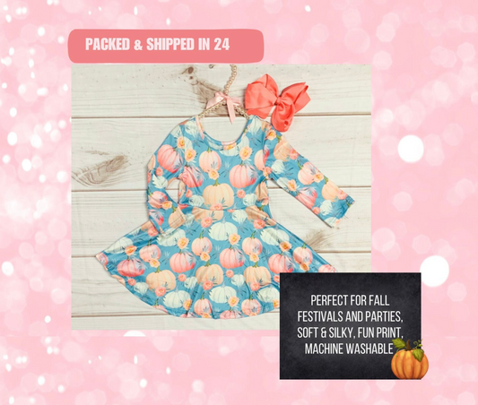 Milk Silk Teal Pastel Pumpkin Twirl Dress, Girls Toddlers, Fall Autumn Dress, Floral Pumpkins, Halloween, Orange Fall