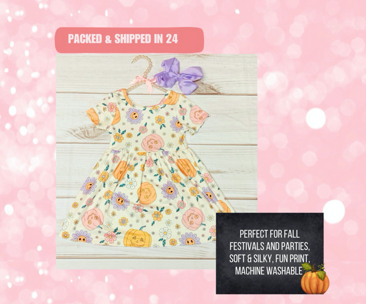 Milk Silk Groovy Flowers and Pumpkins Short Sleeve Dress, Hippie Flowers, Stellar Halloween, Pastel Florals, Happy Pumpkin