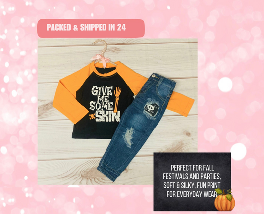 Give Me Some Skin Boys Raglan Halloween Shirt w/ Matching Denim Jean Bottoms, Trick or Treat, Fall Outfit, Toddler, Kids