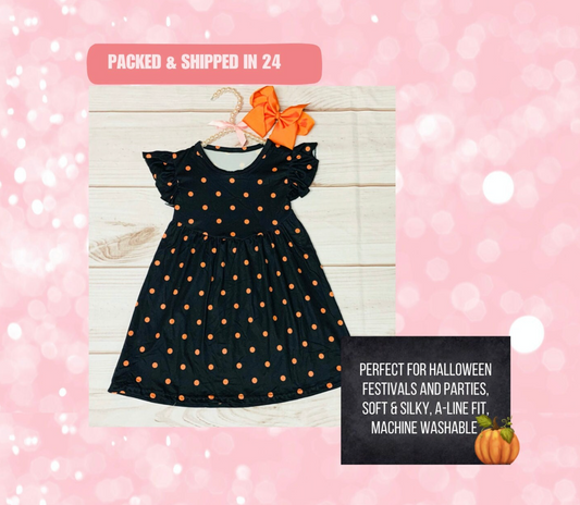 Milk Silk Black and Orange Polka Dot Flutter Sleeve, Girls Toddler Halloween Season, Plain and Simple Dots, Trick or Treat, Witchy