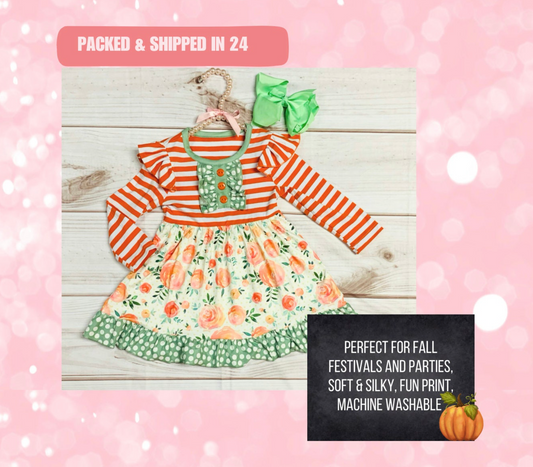 Milk Silk Orange Striped Fall Autumn Long Sleeve Twirl Dress, Girls Toddler Halloween Dress, Autumn Florals, Polka Dots