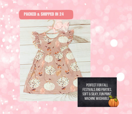 Milk Silk Pink Leopard Pumpkin Flutter Sleeve Dress, Girls Toddler Fall Leaves, White Pumpkins, Autumn Time, Pastel Pink