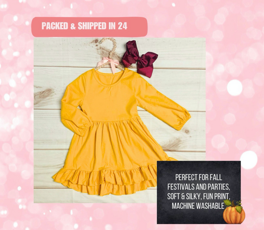 Mustard Yellow 3/4 Sleeve Ruffle Fall Time Twirl Dress, Girls Toddler Solid Autumn Time, Fall Pictures, Sweater Weather, Cold